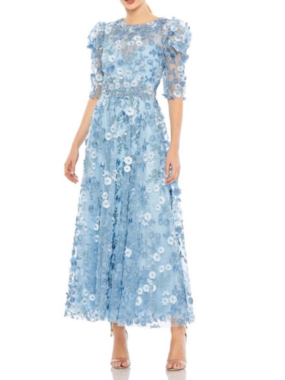 Mac Duggal French Blue Floral Appliqué Puff Sleeve Embroidered Tea Length Dress